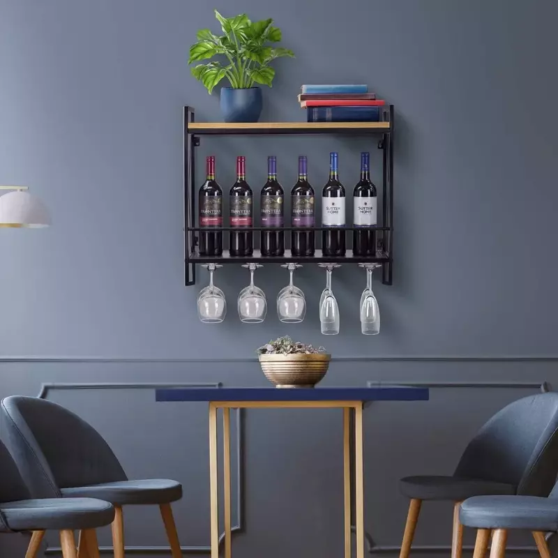 2-poziomowy drewniany stojak na wino, montowany na ścianie, stojaki na wino z 5-łopatkowymi szklanymi uchwytami na wino