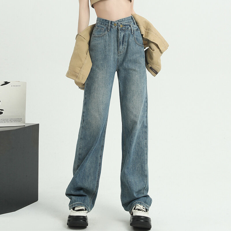 กางเกงยีนส์ทรงหลวมเอวสูงสำหรับผู้หญิงกางเกงสตรีทแวร์สไตล์ Y2k วินเทจสีน้ำเงิน MODE Korea กางเกงขาม้าฤดูร้อน2023