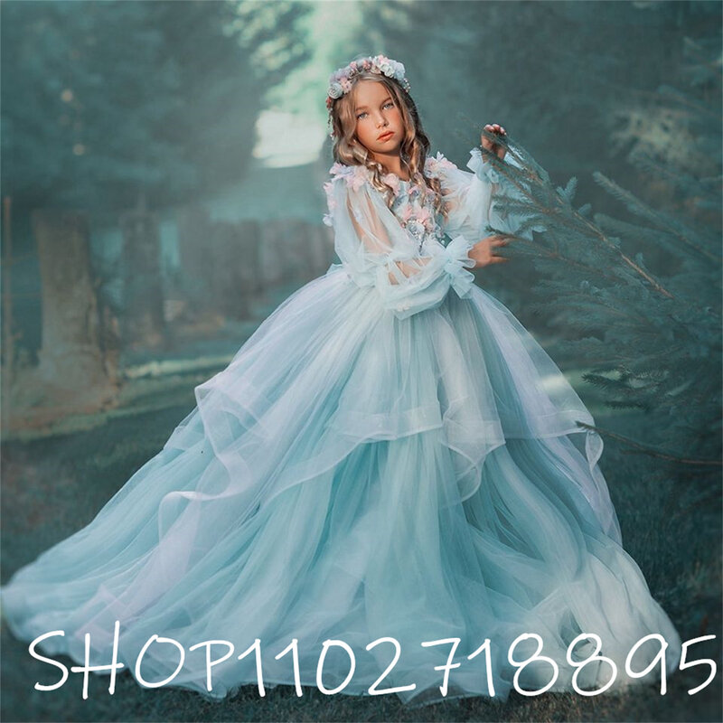 Vestido florista com arco para casamentos, Apliques de tule para meninas, vestido de primeira comunhão infantil, vestido princesa Pageant