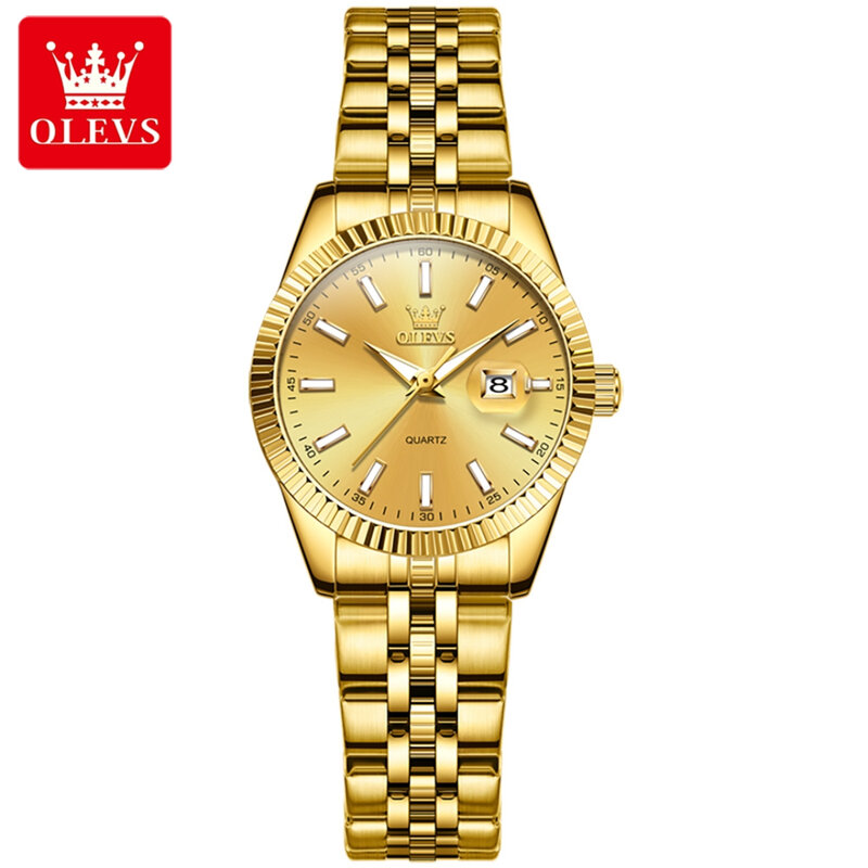 OLEVS jam tangan Quartz 5593, hadiah gelang arloji baja tahan karat dengan kalender dial bulat