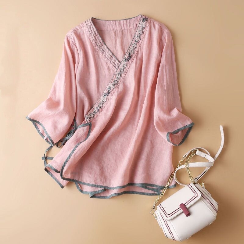 2024 Summer New Artistic Chinese Style Tops Cotton Linen Blouses Loose V-neck Embroidered Spliced Bandage 3/4 Sleeve Women Shirt