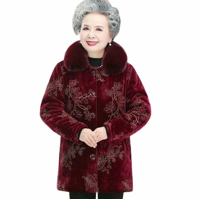 2 할머니 코튼 패딩 코트, 중년 어머니 겨울 옷, 여성 파카, 벨벳 추가, 두꺼운 퀼트 재킷, 5XL