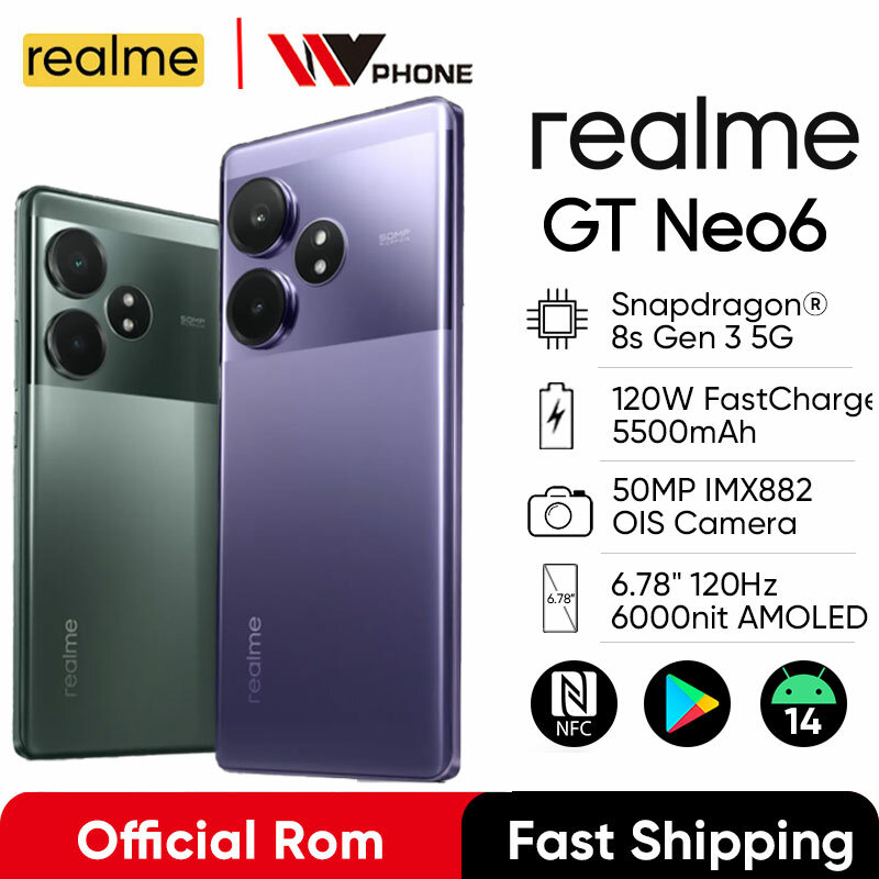 Smartphone Realme Neo 6 5G débloqué, Snapdragon 8s, Isabel 3, 50MP, OIS, 6.78 ", 120Hz, 6000nit, Super Display, 5500mAh, 120W, NDavid, Original