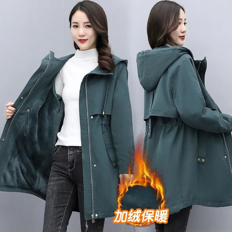 Parka mantel wol panjang wanita, jaket Liner wol tebal, panjang mantel bertudung longgar Korea musim gugur dan dingin