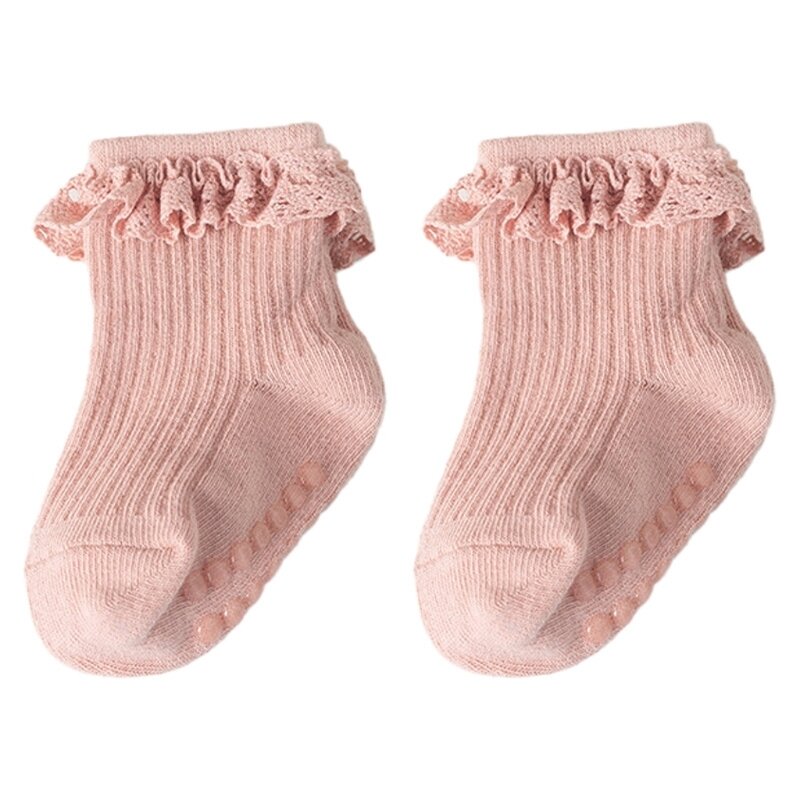Носки с рюшами. Нескользящие однотонные кружевные хлопковые носки для детей от 0 до 6 месяцев.