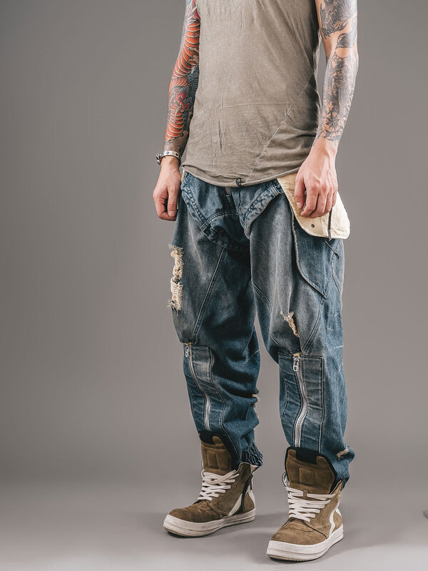 Jeans lavado ajustável masculino, estilo mecânico, zíper multi-saco, jeans lavado, calças de perna larga, design original