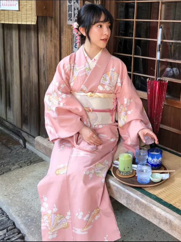 Fato de quimono rosa feminino, roupas tradicionais japonesas elegantes, roupas de estúdio para tirar fotos, dança de banquete, novo