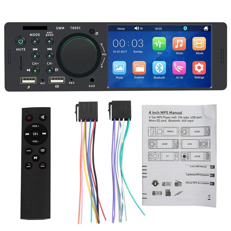 Radio con Bluetooth para coche, reproductor MP5 con pantalla táctil de 4 pulgadas, 1 Din, manos libres, carga USB, sistema de Audio remoto, Unidad Principal ISO, 7805C
