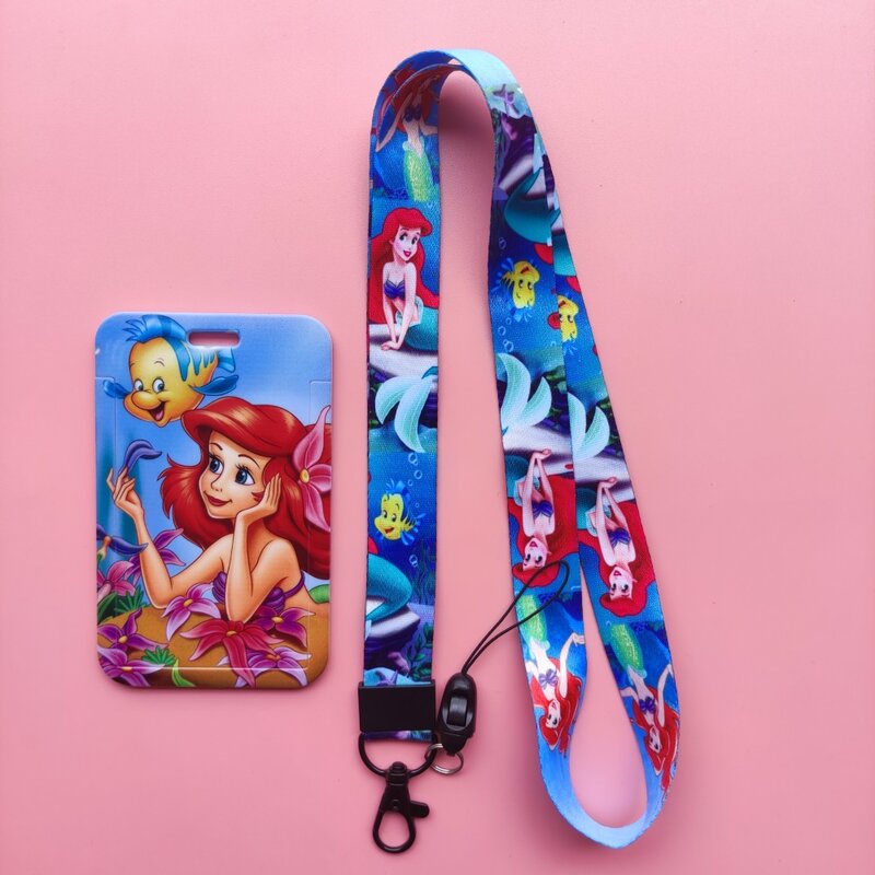 Disney-portatarjetas de identificación de la princesa Ariel, cordones de sirena para mujer, correa para el cuello, funda para tarjeta de crédito, soporte para insignia para niñas, Clip retráctil