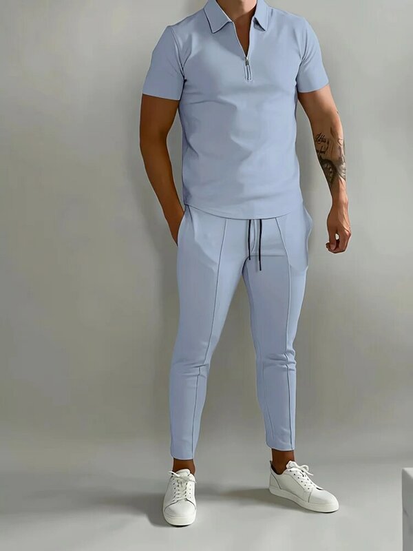 Nieuwe Effen Kleur Mannen Pak Zomer Casual Korte Mouw Polo Shirt Kalf Broek & Voor Mannen Streetwear Man Trainingspak 2-Delige Set