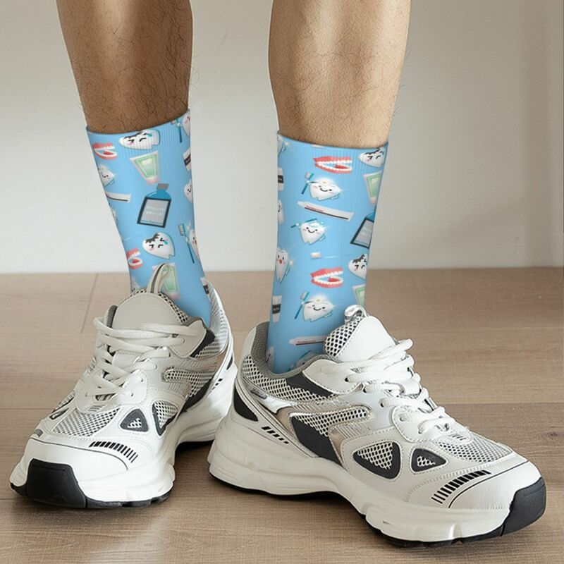 Casual Teeth Dental Pattern Blue Background Sports Socks Polyester Long Socks for Unisex Breathable
