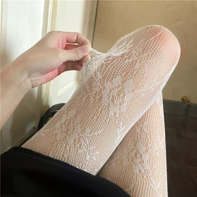 Sexy Black White Lolita Hollowed Lace Mesh Stockings Bottomed Pantyhose Japanese Goth Floral Rattan Stocking Hot Classic Tights