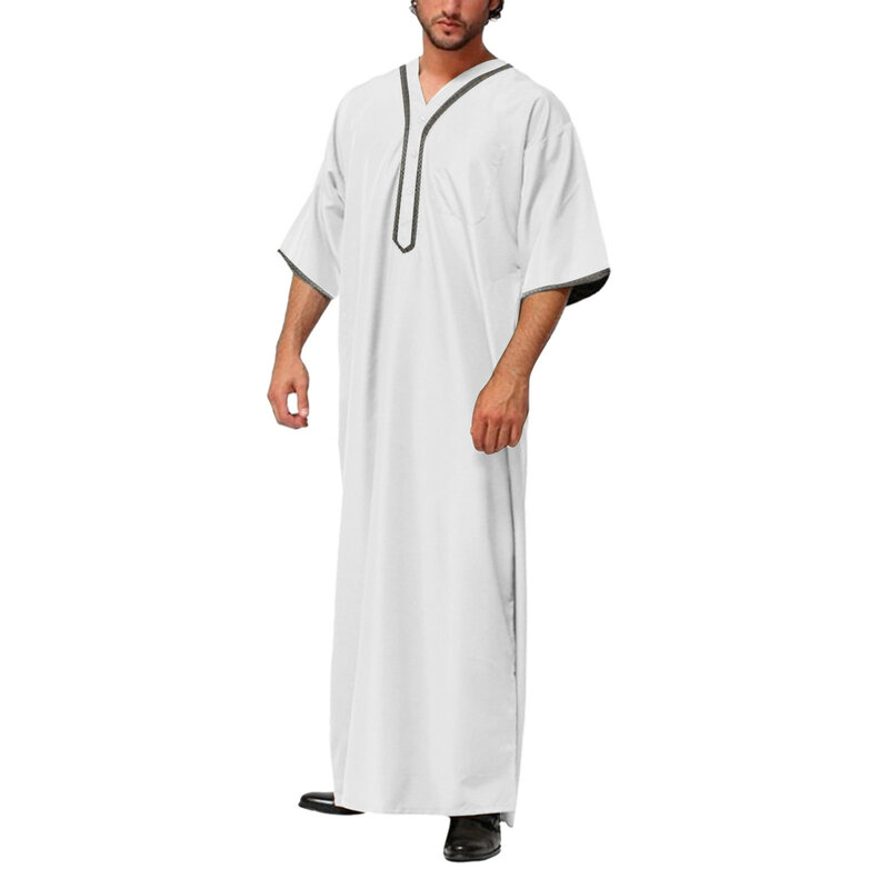 Kaftan Muslim lengan setengah Vintage pria jubah santai leher V dicetak Jubba Thobe Solid tambal sulam pakaian Arab ukuran Plus