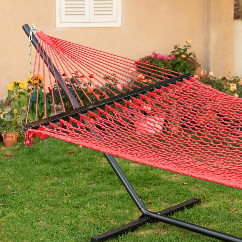 Double Hammock with Stand for Outside, Rope Hammocks with Hardwood Spreader Bar 2 Person, 12ft Heavy Duty Stand,