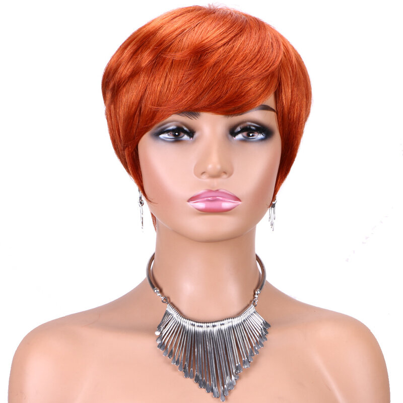 Peruca de cabelo curto Pixie corte humano com franja para as mulheres, 100% Remy, cabelo brasileiro, máquina feita, 350 #