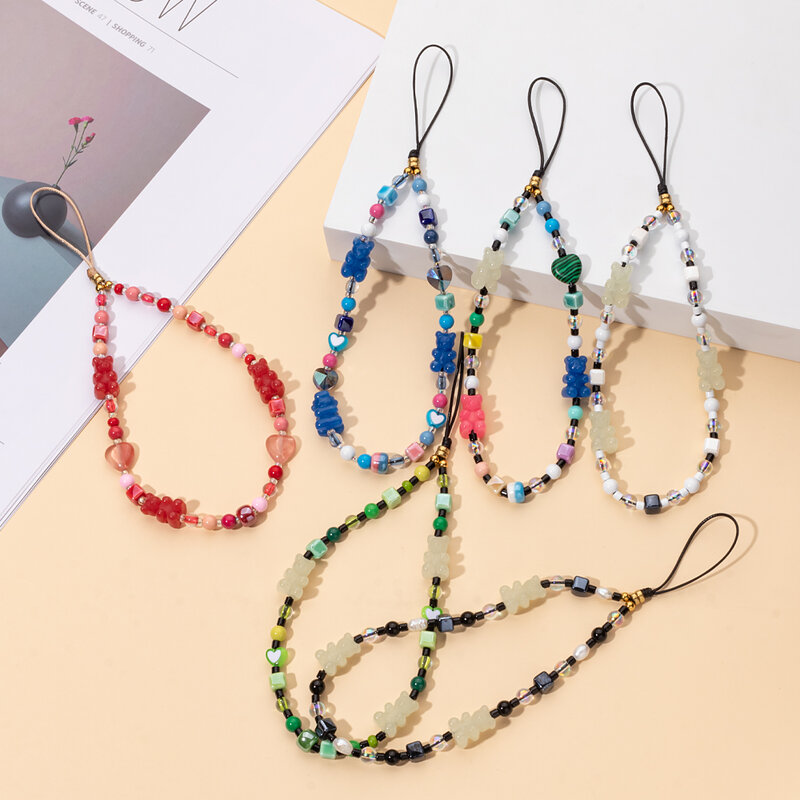 2023 New Design Cute Bear Luminous Stone Charms Phone Strap Colorful Beads Phone Charms For Women