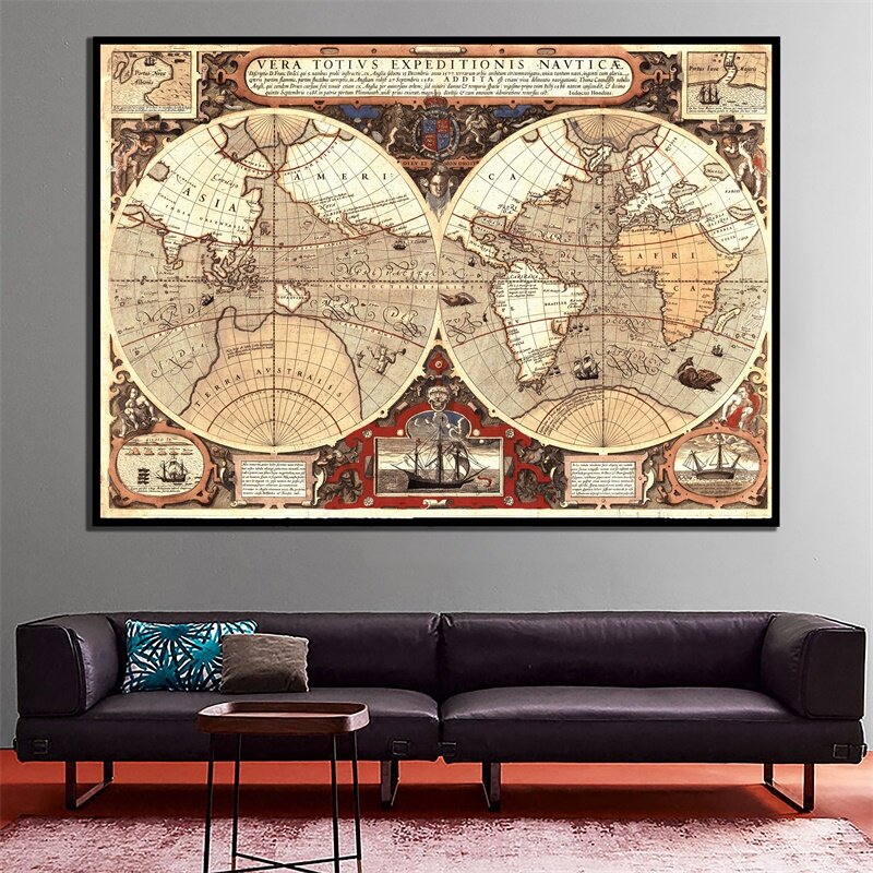 Mapa del mundo 84*59cm póster de arte Vintage impresiones decorativas de pared lienzo no tejido pintura sala de estar decoración del hogar