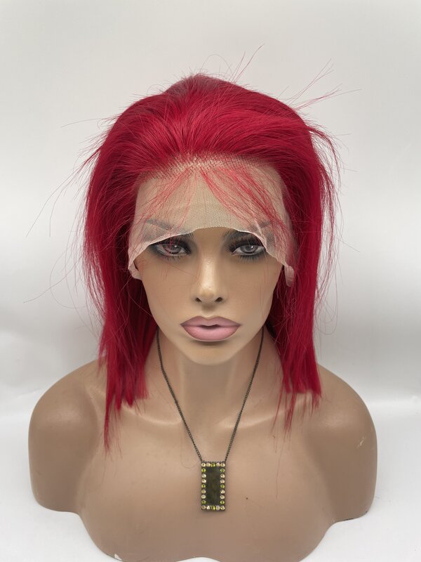 N.L.W-Peluca de cabello humano liso de 13x4 para mujer, postizo de encaje frontal, corte Bob corto, 12 pulgadas, 180% de densidad, color Rojo