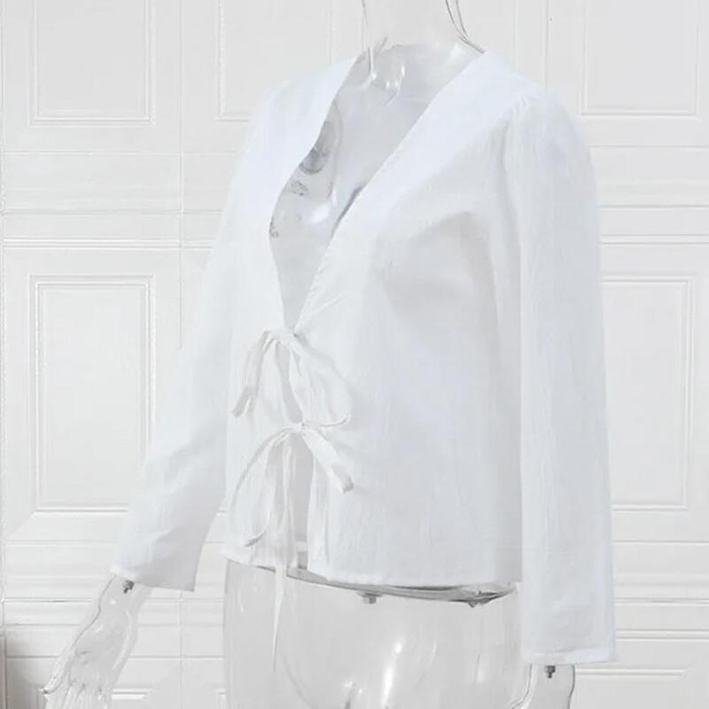Camisa monocromática com decote em v feminina, blusa elegante solta, gravata frontal, streetwear de manga 3/4, primavera e verão