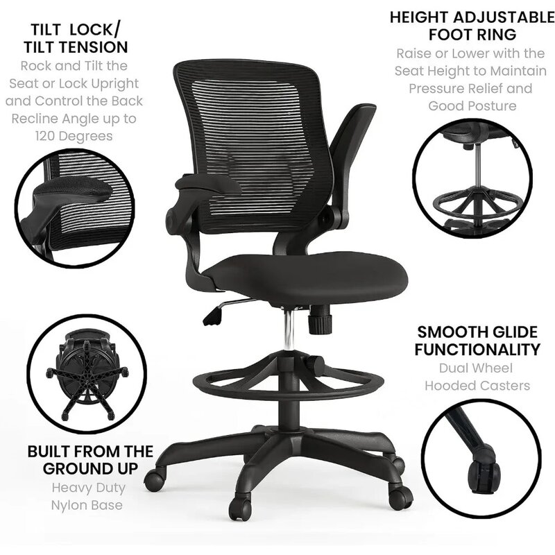 발목 루프 조절 가능한 회전 등받이, 허리 지지대 및 좌석 높이, 인체 공학적 메쉬 의자, 사무실 의자, 블랙