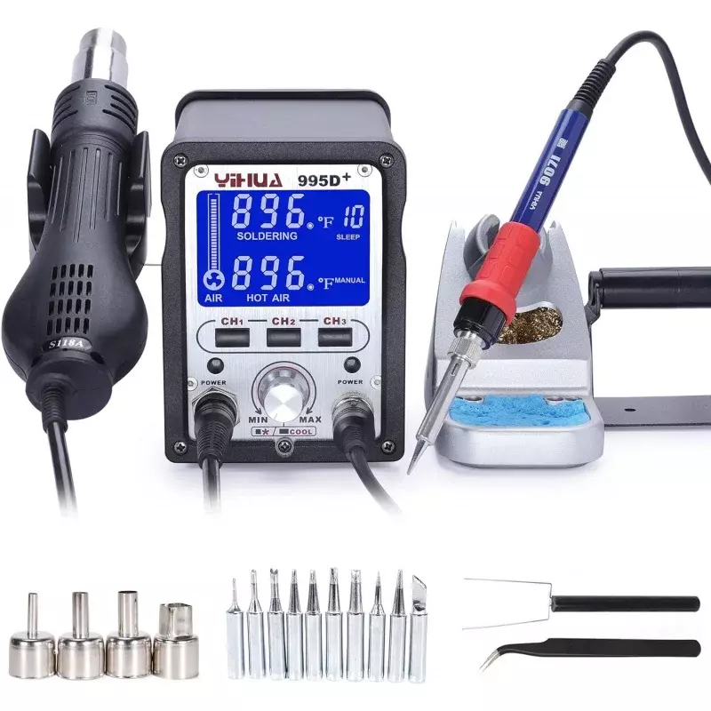 YIHUA 995D  2 in 1 Hot Air Rework and Soldering Iron Station with 3 Memories, Large LCD Screen Display, Cool Air/Hot Air Convers