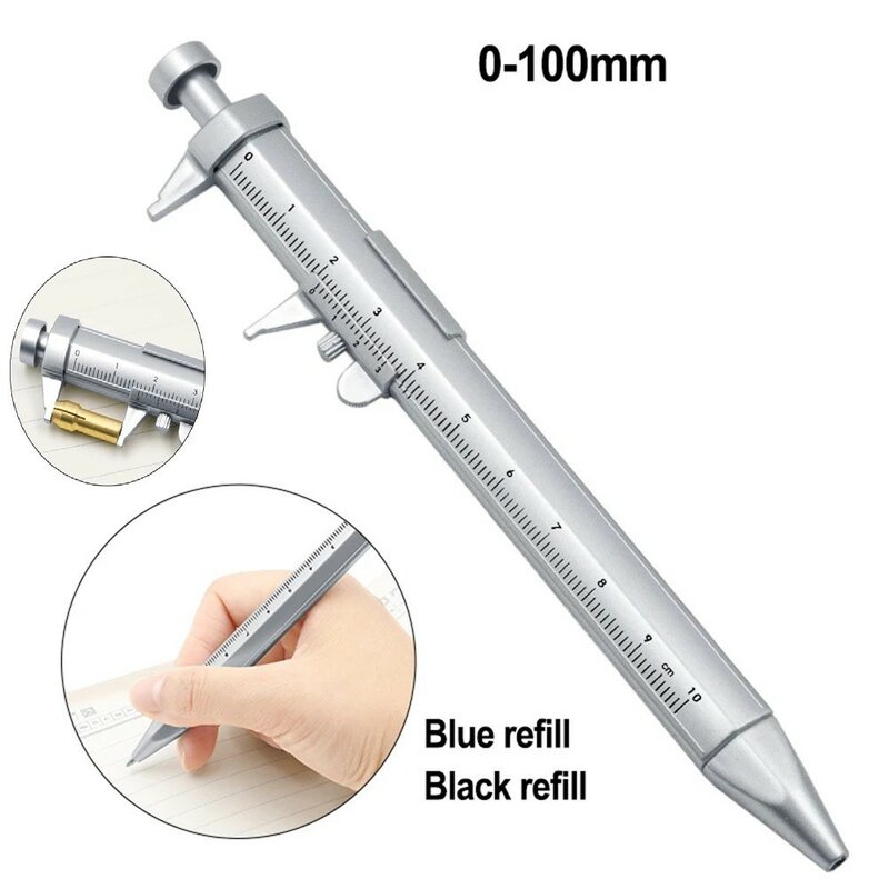 ABS 0-100mm Multifunctional 2 In 1 Vernier Caliper Marker Pen Measuring Pen Silver Stationery Ballpoint Pen Hand Gauging Tool