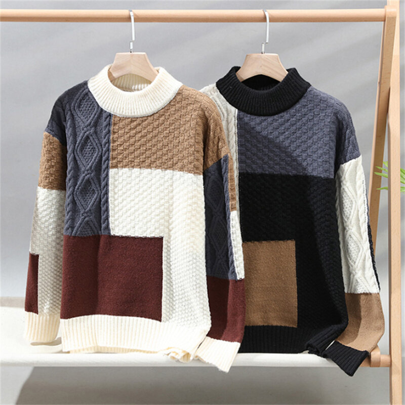 Jersey de punto con cuello redondo para hombre, suéter informal de retazos, suelto, Vintage, primavera y otoño