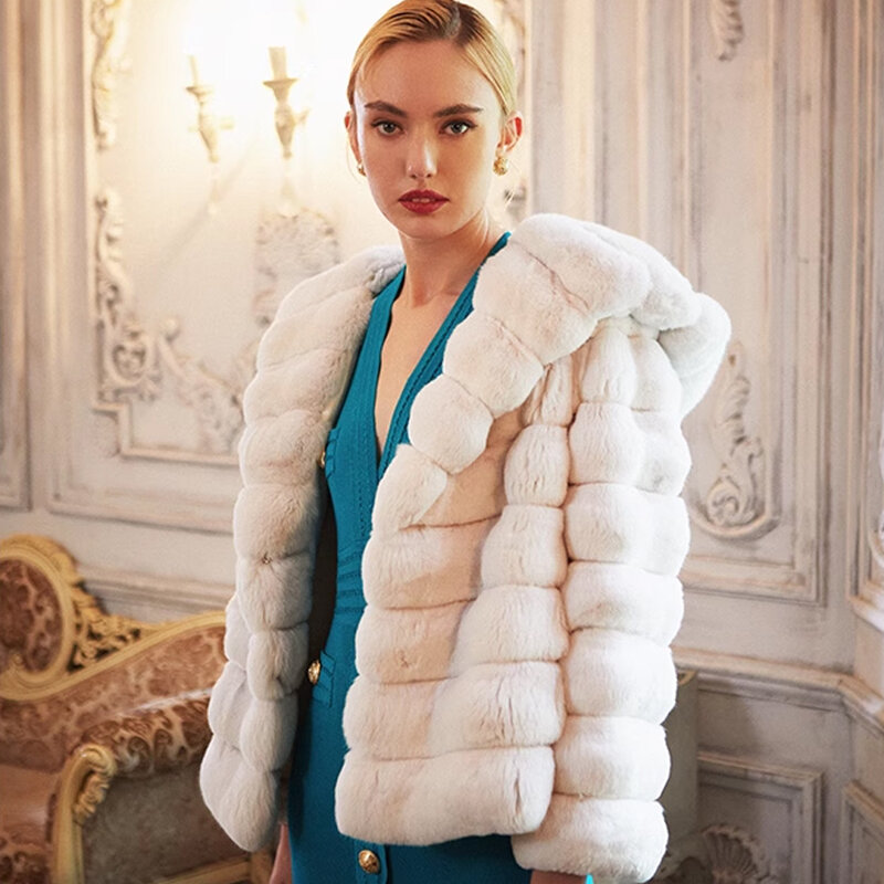 Casaco de pele de coelho real rex com capuz para mulheres, casaco curto chinchila de alta qualidade, inverno