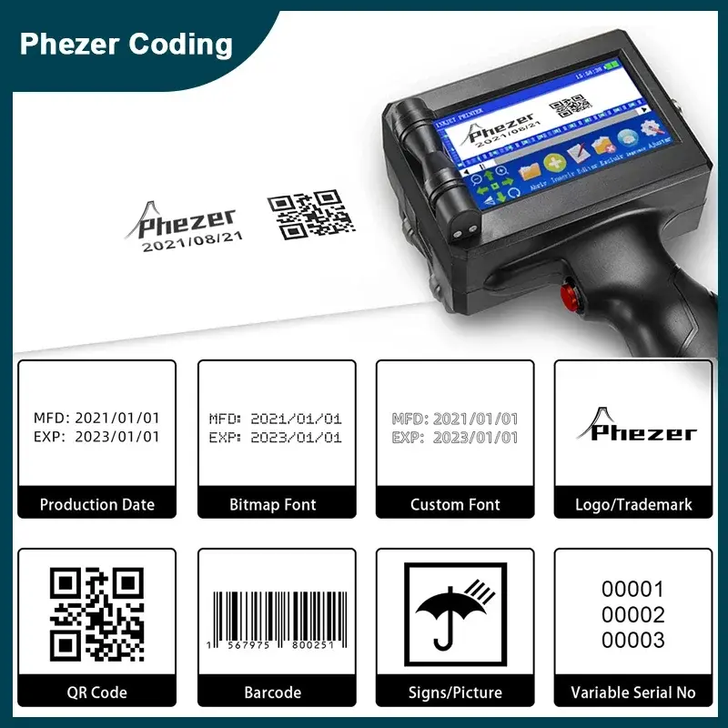 Phezer Handheld Inkjet Printer, Impressora de etiquetas, QR Bar Código do lote, Número da data, Logo Expiração Data Coding Machine, 12.7mm, 25.4mm