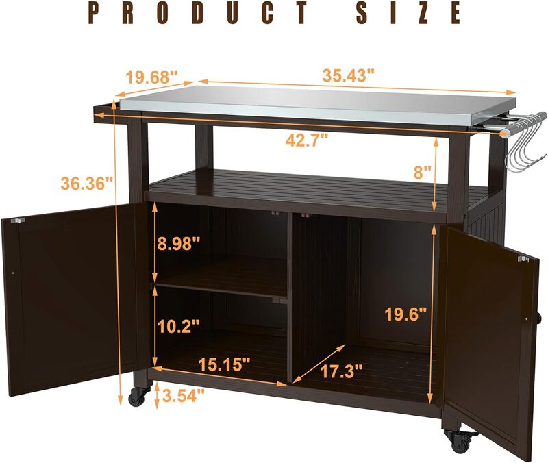 GDLF gabinete de almacenamiento al aire libre, mesa de parrilla de preparación de madera maciza con cubierta impermeable superior de acero inoxidable, marrón oscuro