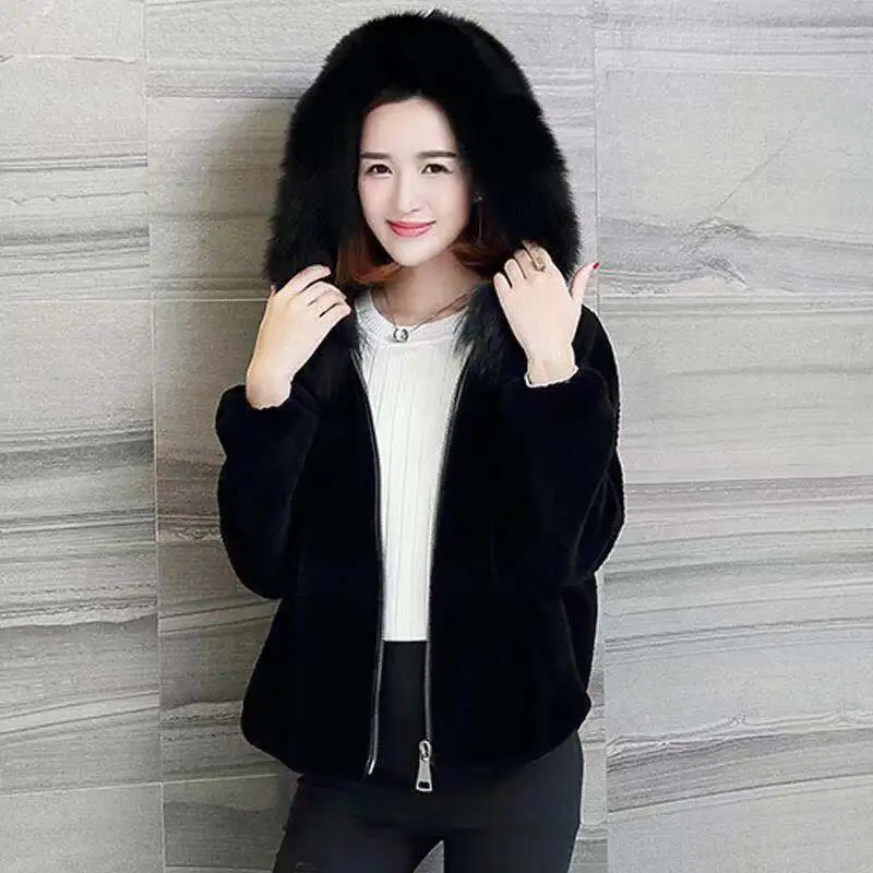 Winter Short Fur Coat Women 2023New Fashion Loose Leisure Mink Thicken Hooded Jacket Zipper Pocket Pure Colour Outerwear Female