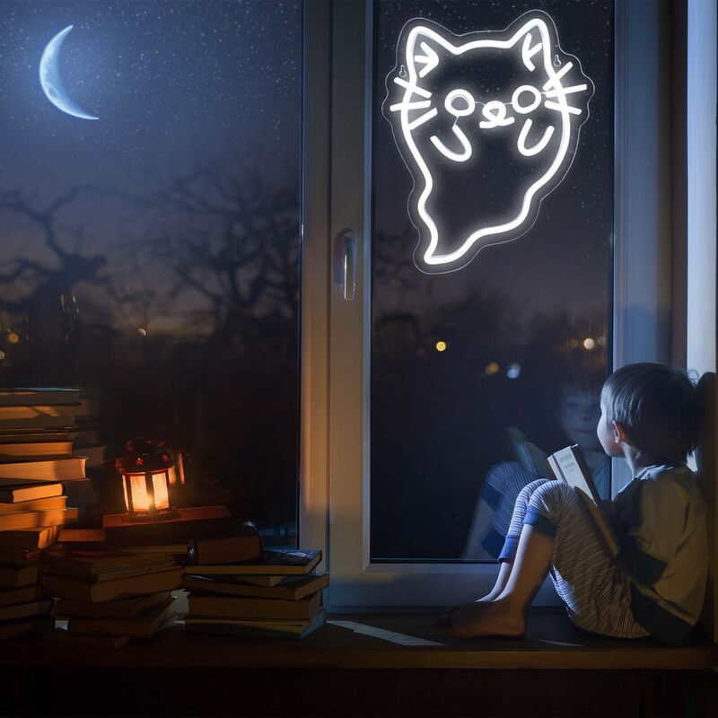 White Ghost Cat Neon Sign Light Halloween Decorations for Bedroom Halloween Party Neon Lights Decorations Indoor Home Party