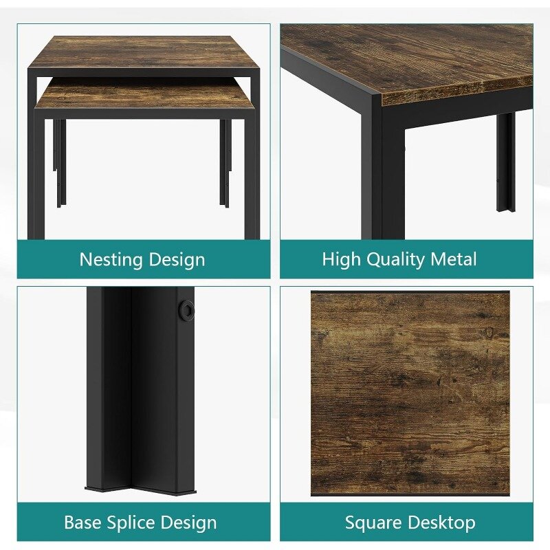 Smuxeeネスティングコーヒーテーブル、2個セット、正方形、木製仕上げのモダンなスタッキングテーブル、工業用エンドテーブル、リビング用サイドテーブル