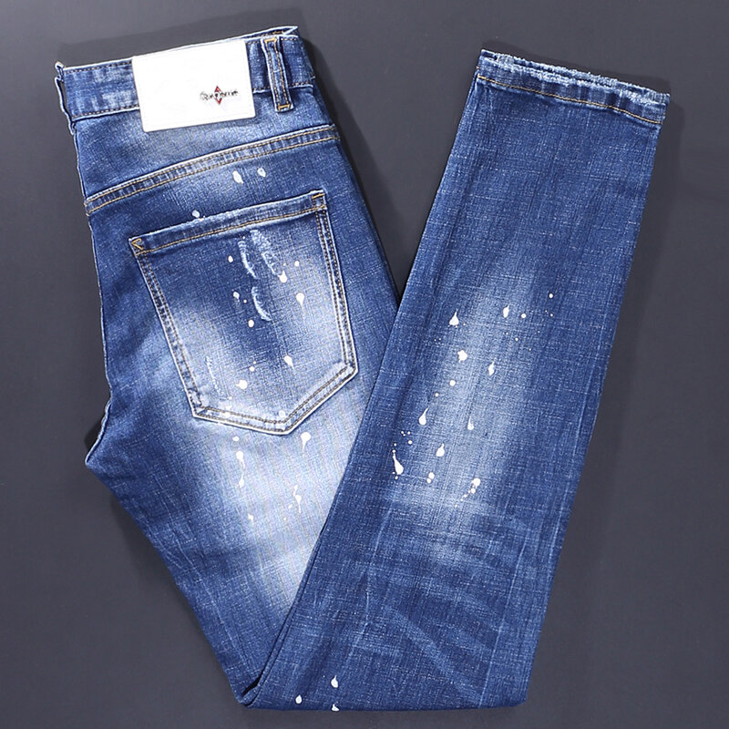 Odzież uliczna modne dżinsy męskie niebieskie w stylu Retro elastyczna rozciągliwe dopasowanie Fit malowana porwane jeansy mężczyzn połatana designerska spodnie dżinsowe w stylu Vintage