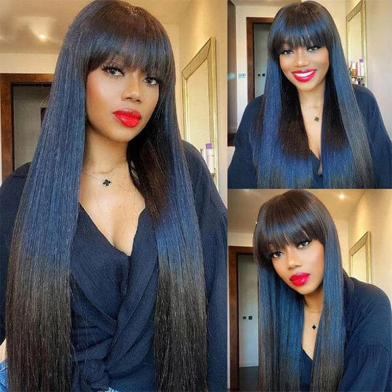 30 Inch Long Bone Straight Human Hair Wig With Bangs Short Bob Human Hair Wigs For Black Women Glueless Brazilian Fringe Wig