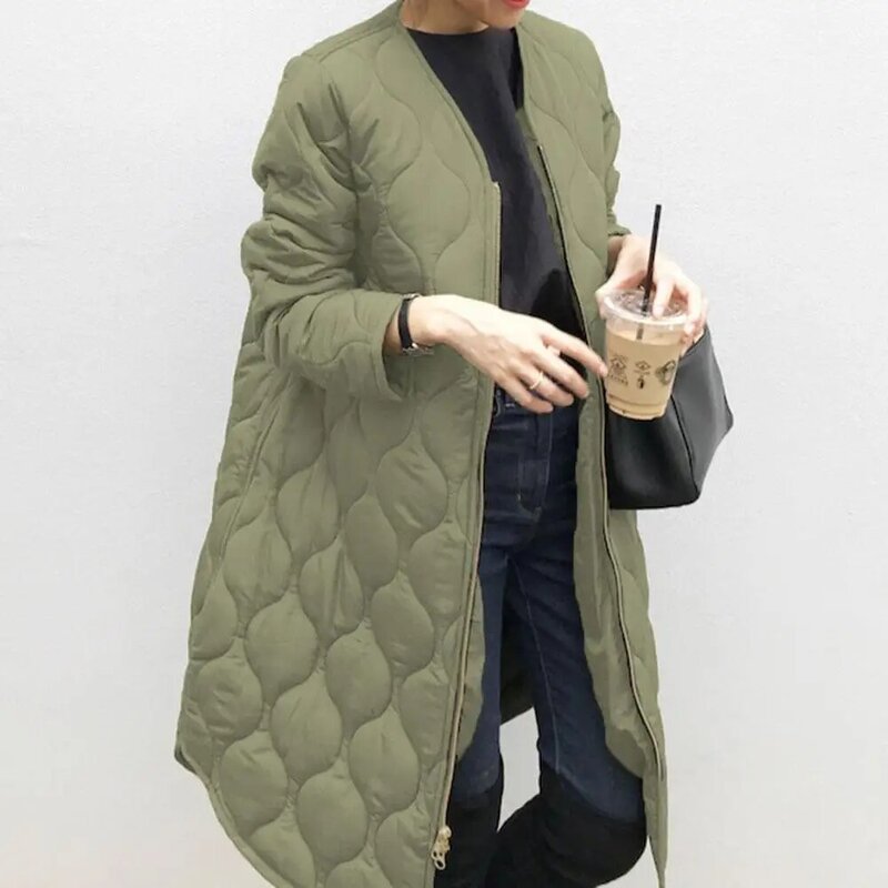 Однотонное зимнее хлопковое пальто, женская Корейская версия, средней длины, с круглым вырезом, клетчатое пальто, куртка
