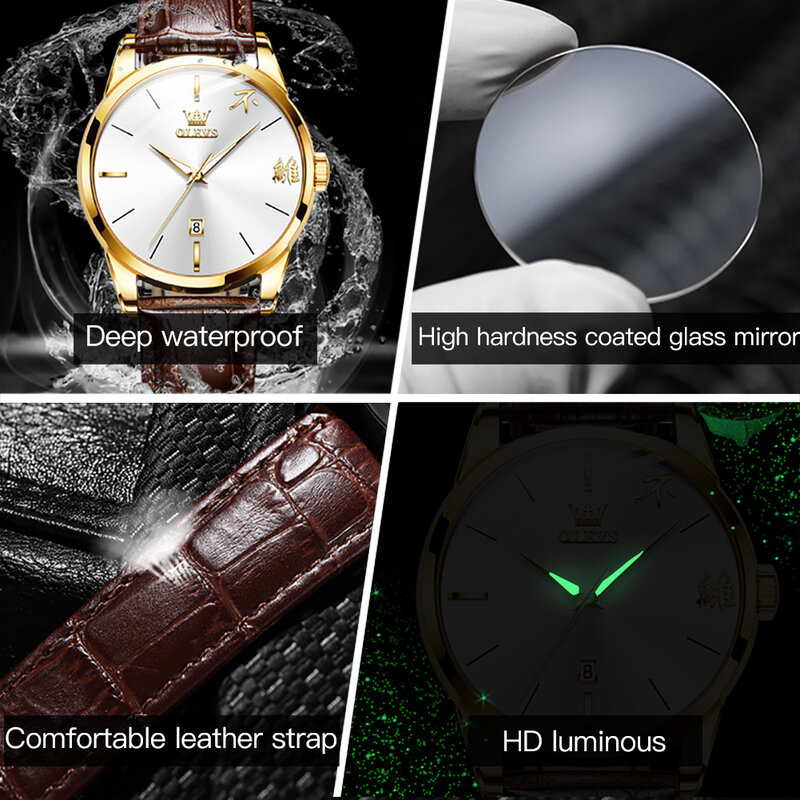 OLEVS 쿼츠 커플 시계, 럭셔리 가죽 스트랩, 중국 디스플레이, 심플 캘린더, 방수 야광 커플 손목시계, Reloj
