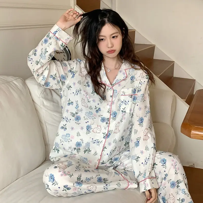 Lange Mouw Pyjama Set Turn-Down Kraag Vest Vrouwen Bloemen Cartoon Bedrukt Katoen Kawaii Trendy Vrouwen 2 Stuks Pyjama Elegant