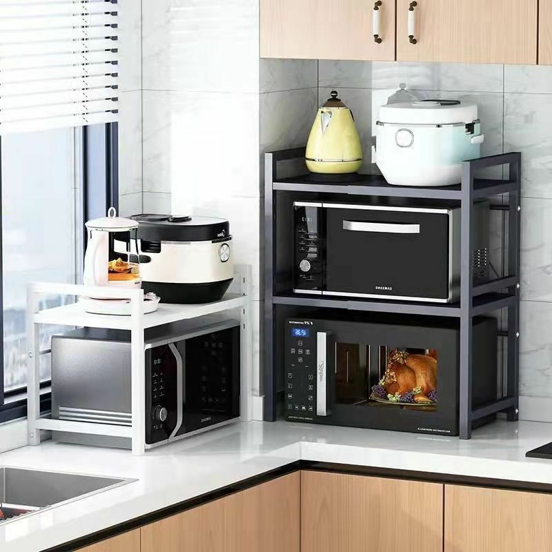 Rak penyimpan dapur dapat diatur, rak penyimpanan oven microwave, rak logam dua tingkat dapat disesuaikan dan dilepas