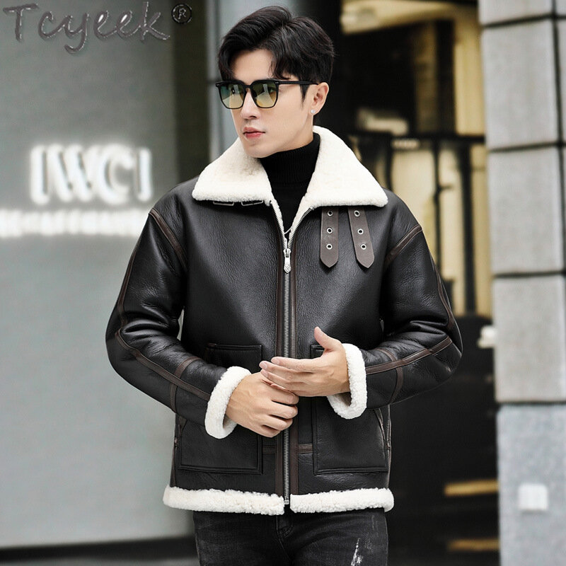 Tcyeek-abrigo de piel Natural para hombre, chaquetas de cuero genuino para motocicleta, chaqueta de lana cálida, abrigos de piel Real, ropa de invierno