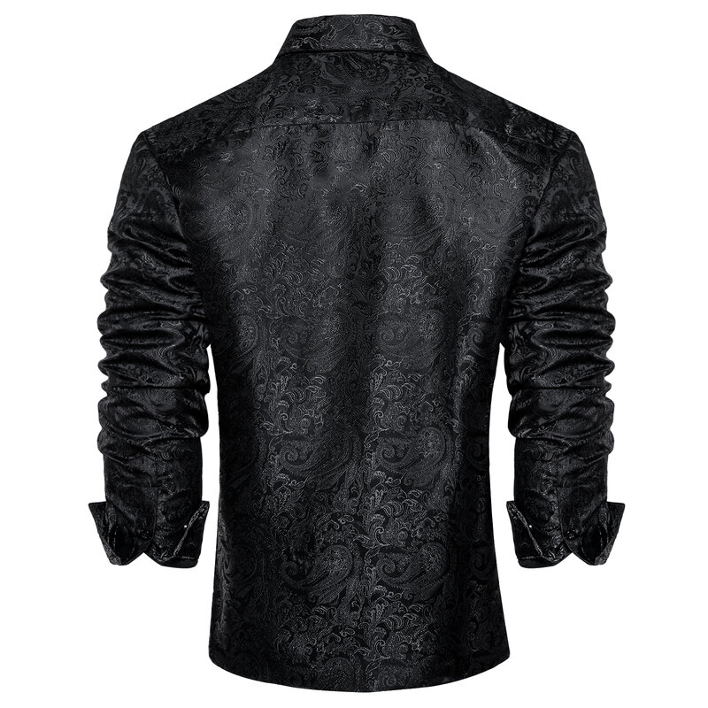 Camisas de vestir de seda de cachemira negra de manga larga para hombre, camisa informal de esmoquin Social, ropa de diseñador de lujo para hombre