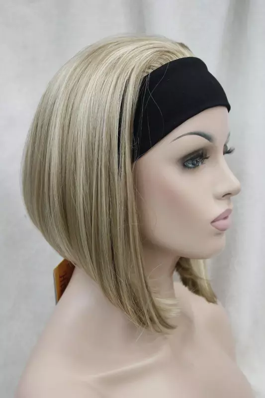 Cute blonde mix 3/4 wig with headband short straight synthetic women's half wig