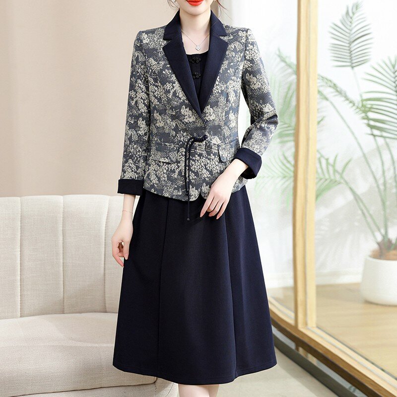 Autumn/Winter New Vintage Silk Printed Long Dress Set Women's Suit Coat Loose Size Long Sleeve Long Dress Two Piece Set