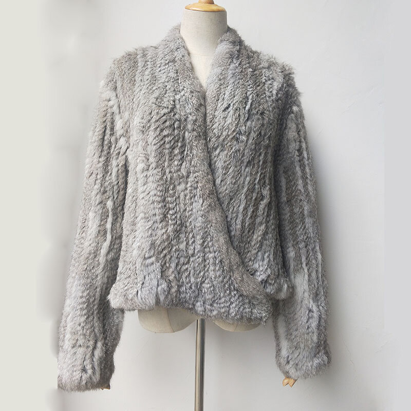 Casaco de pele de coelho real de malha feminino, jaqueta quente de manga comprida, moda genuína, inverno, 2024