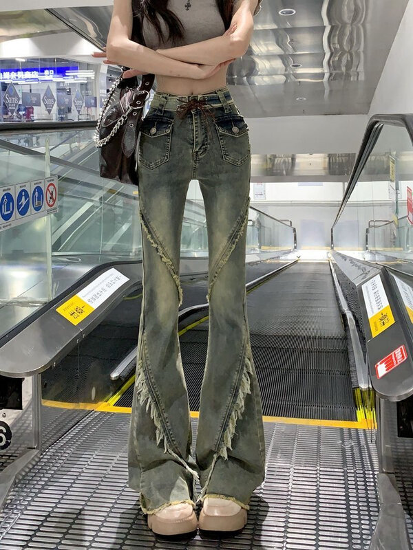 Jeans retrô micro irregular feminino, design fino de cintura alta, alça de sentimento, calça simples com casco, verão, elegante, novo, 2023