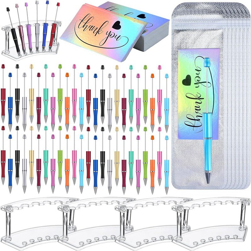 148 Pcs Beadable Pen Gifts Set Includes 48 Pcs Beadable Pen 48 Pcs Pouch Bag 48 Pcs Thank You Cards 4 Pcs Pen Holder Durable