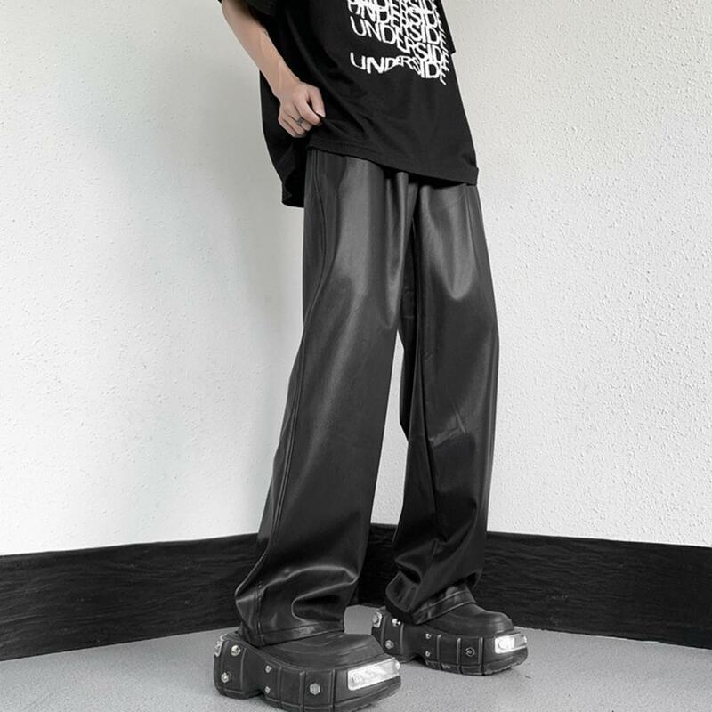 Calça de cordão de couro falso masculina, perna larga, cintura elástica, respirável, estilo hip-hop macio, streetwear