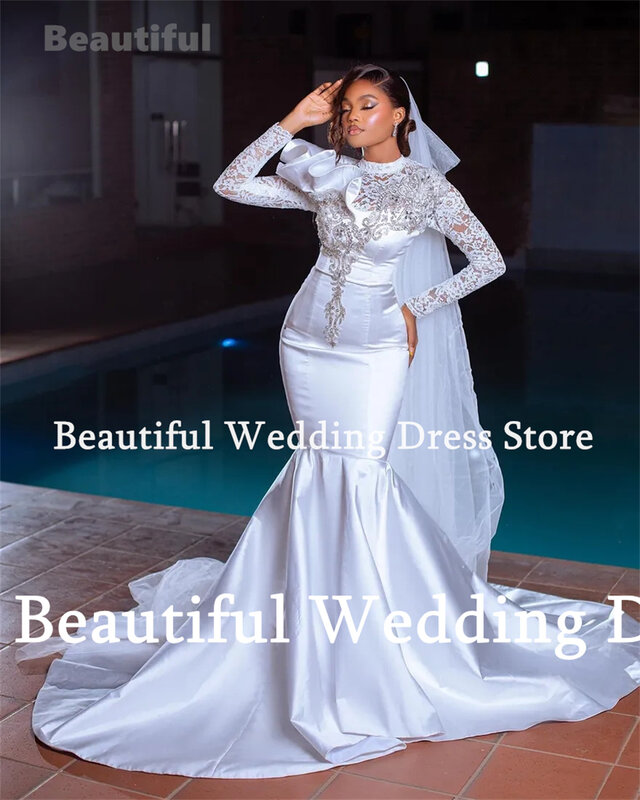 Arab Luxury Wedding Dress Crystal  Lace O-Neck Long Sleeves Satin Mermaid Floor-Lenth Bridal Gown Muslim Vestidos de novia 2024