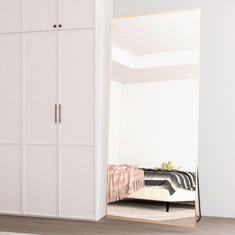 Espejo de piso de longitud completa, espejo de piso con soporte, rectángulo de cuerpo completo grande para dormitorio, aluminio, 65 "x 24"