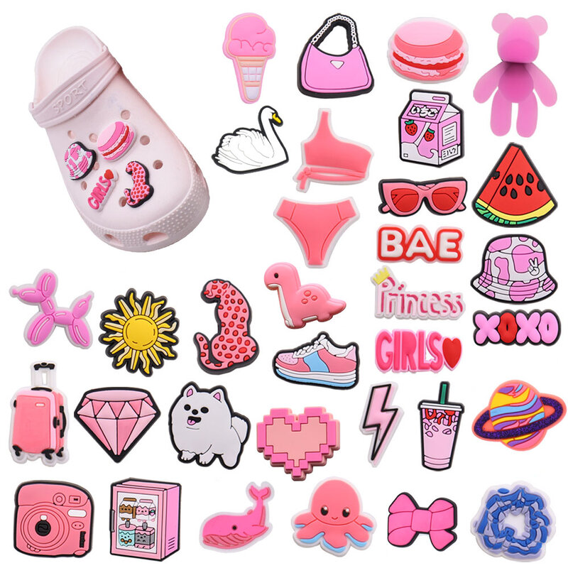 Hot Sale 1pcs PVC Shoe Charms Pink Hat Bag Camera Notebook Clogs Accessories DIY Pins Decoration For Croc Women Kids X-mas Gift